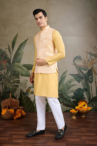 Yellow Roman Silk Kurta with Jacquard Koti Elegant Ethnic Wear Clothsvilla