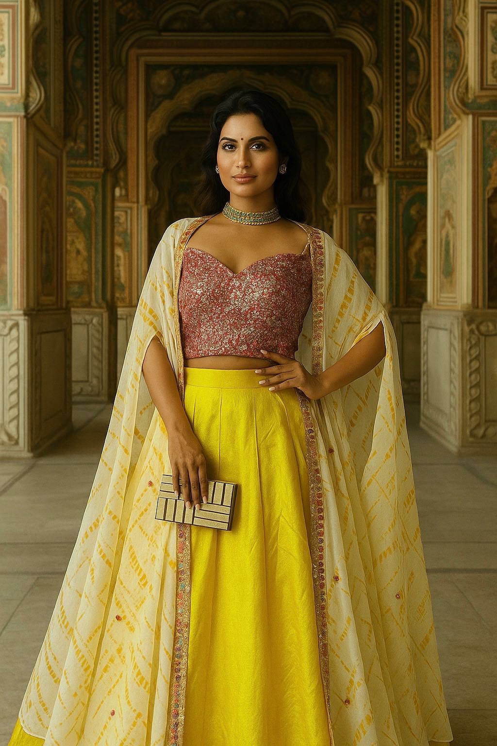 Yellow Elegant Kasturi Slub Silk Lehenga Set with Georgette Shibori Koti – Foil Mirror & Thread Work, Unstitched Blouse ClothsVilla