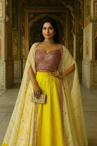 Yellow Elegant Kasturi Slub Silk Lehenga Set with Georgette Shibori Koti – Foil Mirror & Thread Work, Unstitched Blouse ClothsVilla