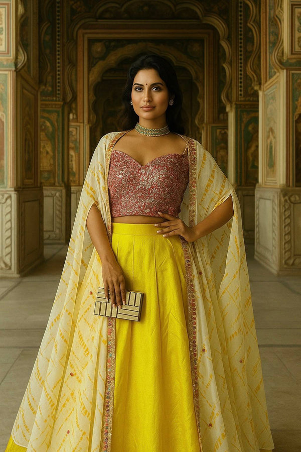 Yellow Elegant Kasturi Slub Silk Lehenga Set with Georgette Shibori Koti – Foil Mirror & Thread Work, Unstitched Blouse ClothsVilla