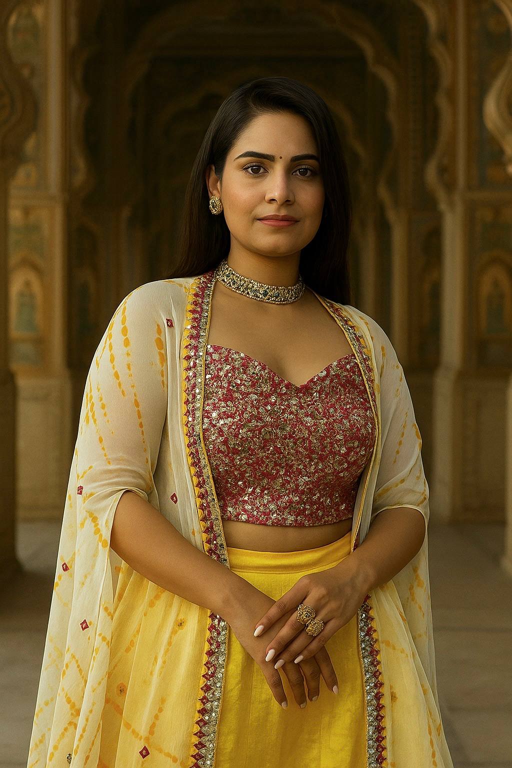 Yellow Elegant Kasturi Slub Silk Lehenga Set with Georgette Shibori Koti – Foil Mirror & Thread Work, Unstitched Blouse ClothsVilla
