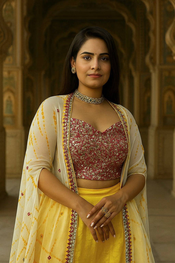 Yellow Elegant Kasturi Slub Silk Lehenga Set with Georgette Shibori Koti – Foil Mirror & Thread Work, Unstitched Blouse ClothsVilla