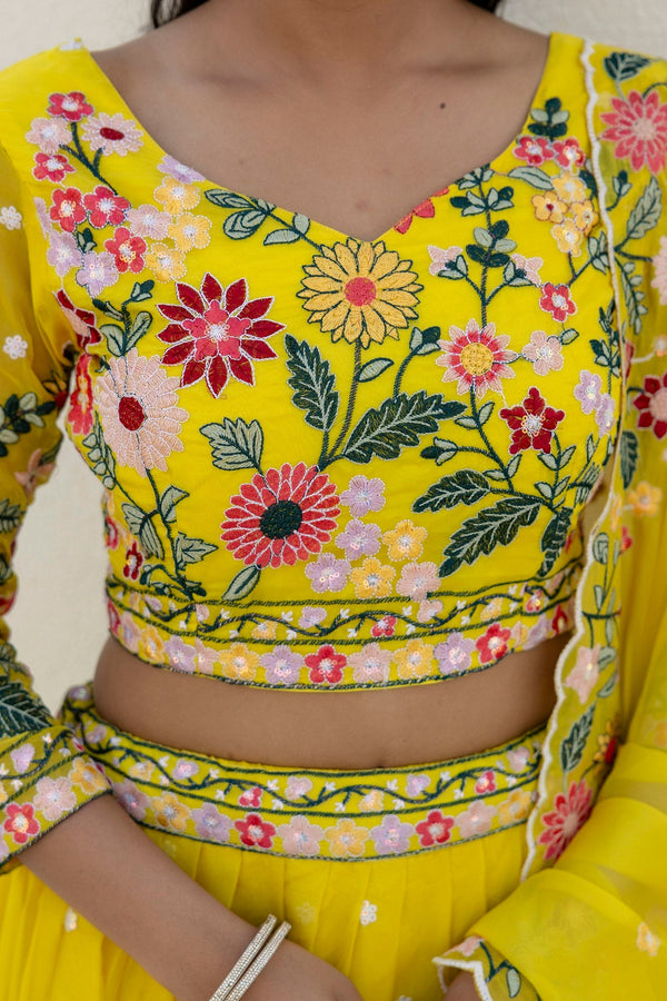 Yellow Elegant Organza Embroidered Lehenga Set with Sequins Work & Dupatta ClothsVilla