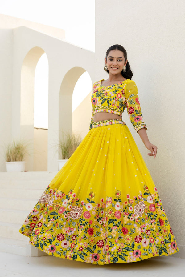 Yellow Elegant Organza Embroidered Lehenga Set with Sequins Work & Dupatta ClothsVilla