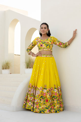 Yellow Elegant Organza Embroidered Lehenga Set with Sequins Work & Dupatta ClothsVilla