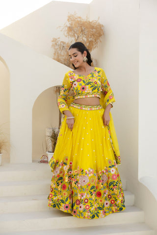 Yellow Elegant Organza Embroidered Lehenga Set with Sequins Work & Dupatta ClothsVilla