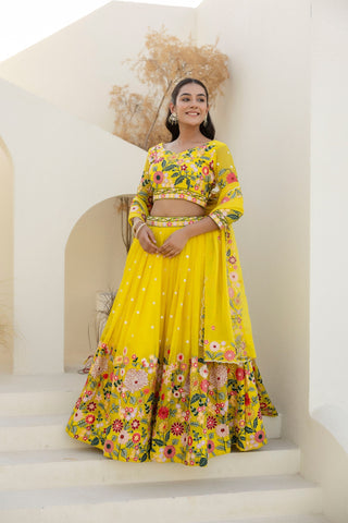 Yellow Elegant Organza Embroidered Lehenga Set with Sequins Work & Dupatta ClothsVilla