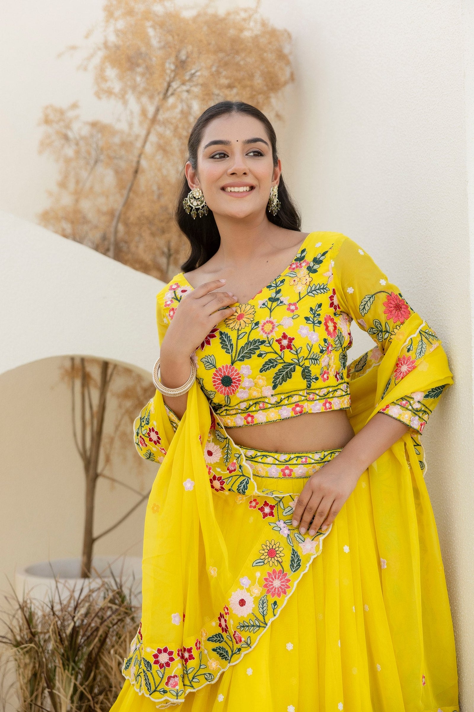 Yellow Elegant Organza Embroidered Lehenga Set with Sequins Work & Dupatta ClothsVilla