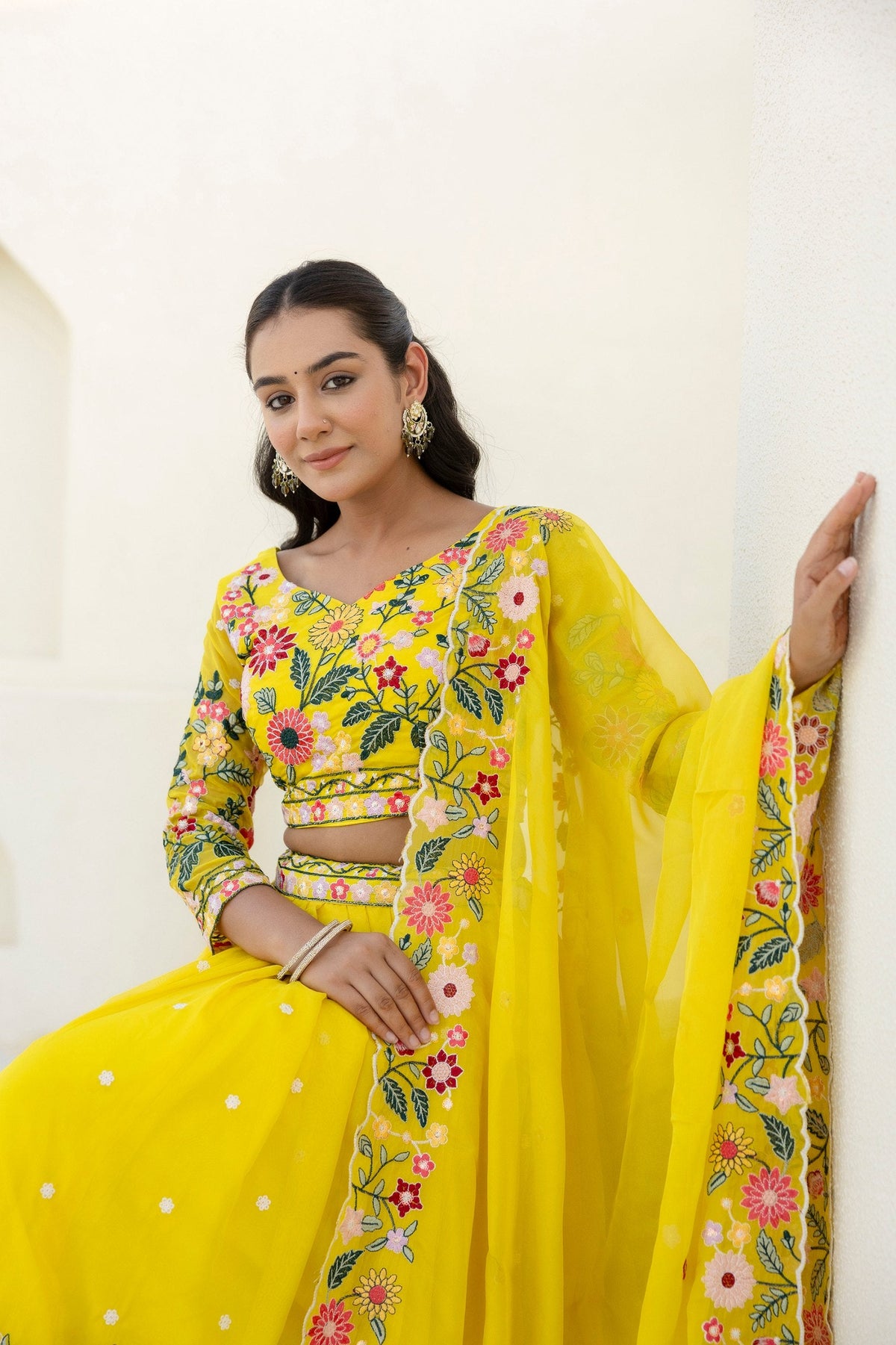 Yellow Elegant Organza Embroidered Lehenga Set with Sequins Work & Dupatta ClothsVilla