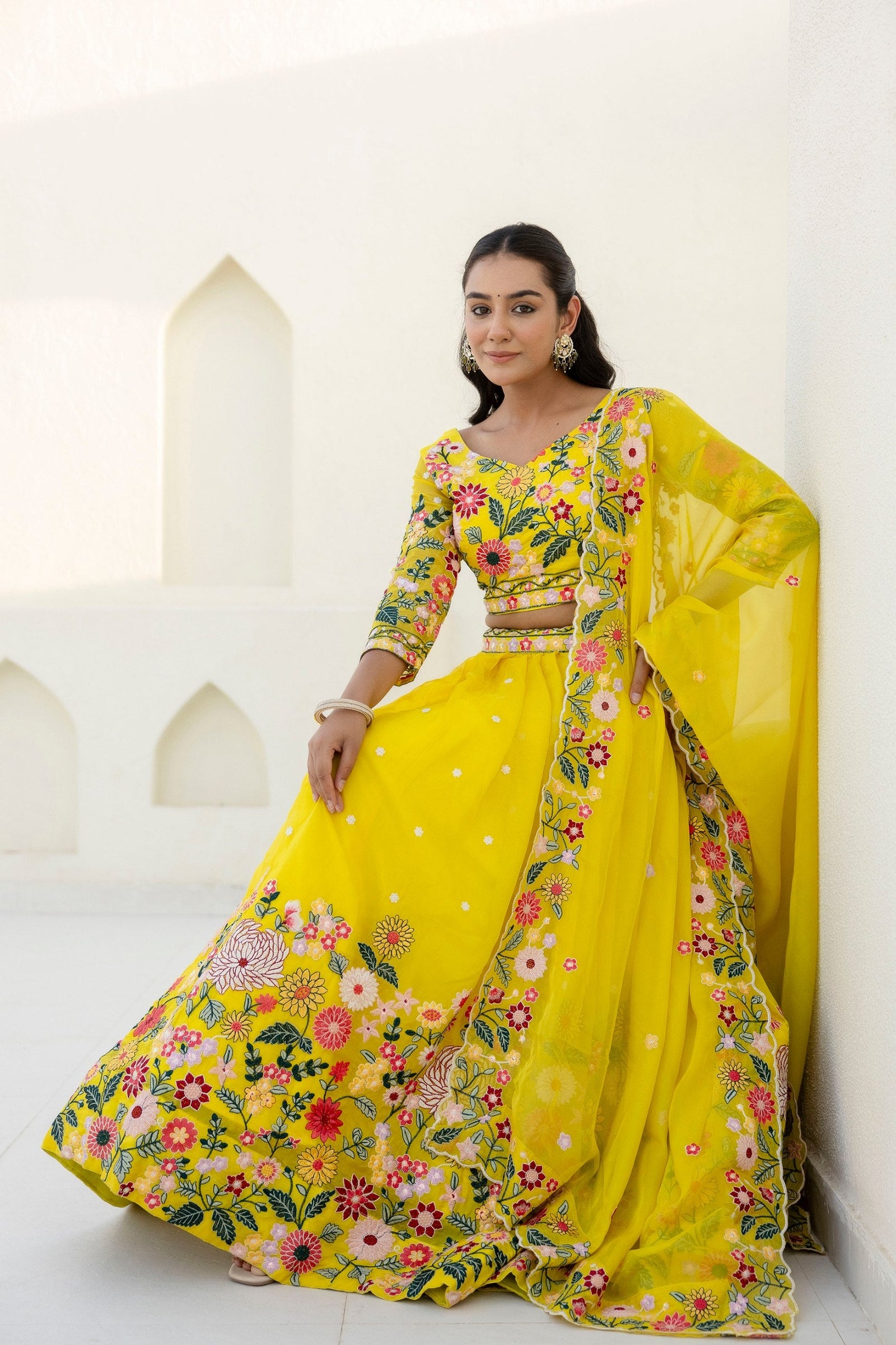 Yellow Elegant Organza Embroidered Lehenga Set with Sequins Work & Dupatta ClothsVilla