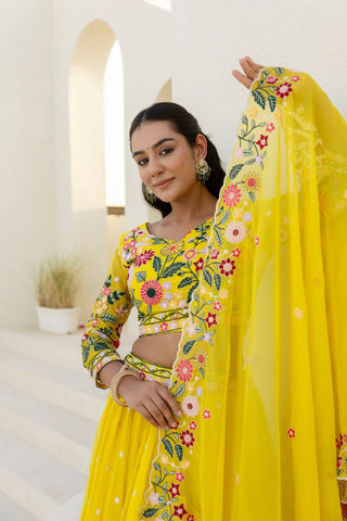 Yellow Elegant Organza Embroidered Lehenga Set with Sequins Work & Dupatta ClothsVilla