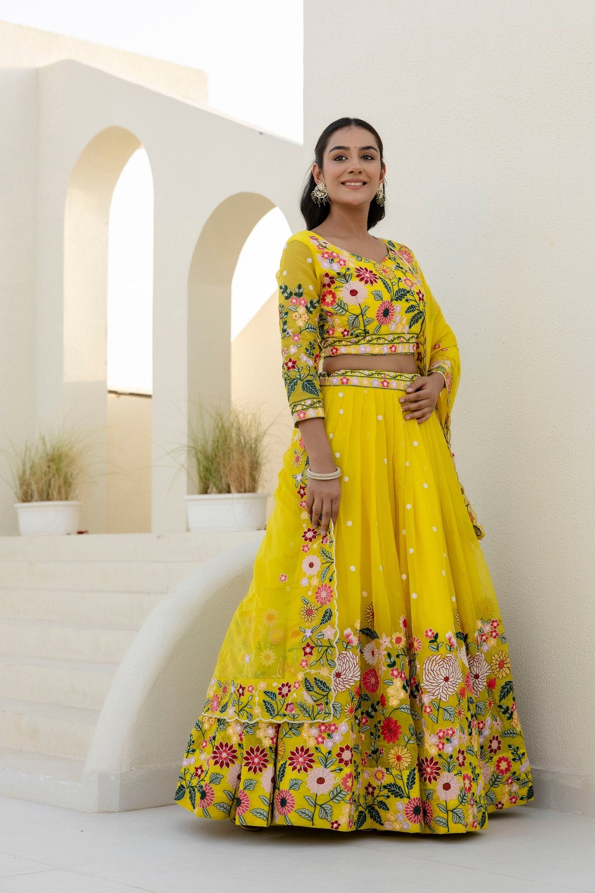 Yellow Elegant Organza Embroidered Lehenga Set with Sequins Work & Dupatta ClothsVilla