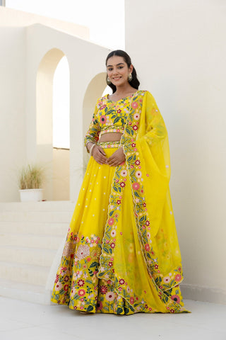 Yellow Elegant Organza Embroidered Lehenga Set with Sequins Work & Dupatta ClothsVilla