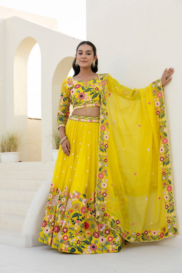 Yellow Elegant Organza Embroidered Lehenga Set with Sequins Work & Dupatta ClothsVilla