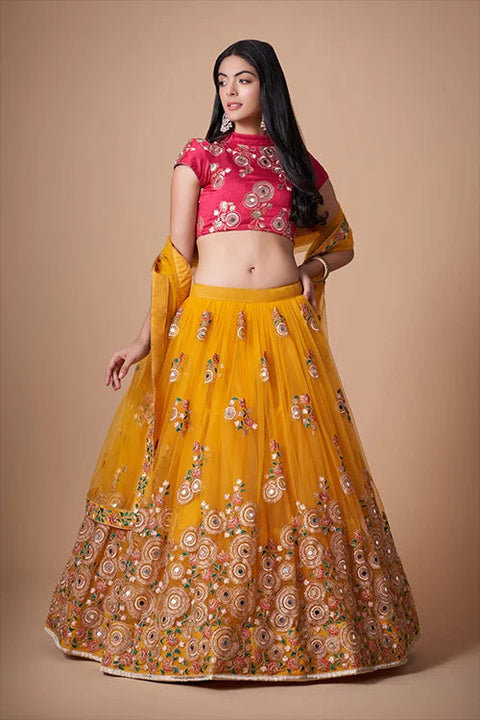Yellow Floral Sequins Embroidered With Mirror Lehenga Choli Ensemble Clothsvilla Main image