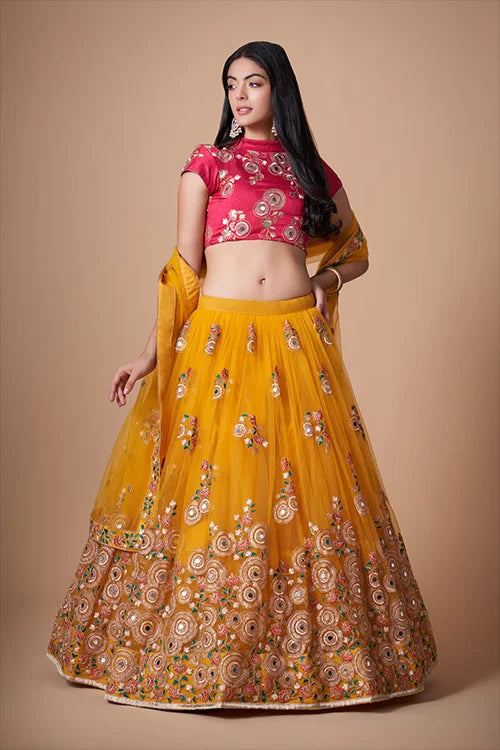 Yellow Floral Sequins Embroidered With Mirror Lehenga Choli Ensemble Clothsvilla Main image