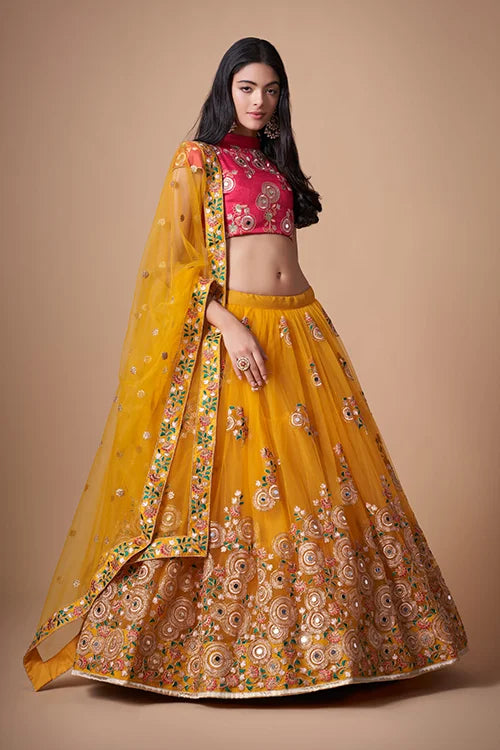 Yellow Floral Sequins Embroidered With Mirror Lehenga Choli Ensemble Clothsvilla