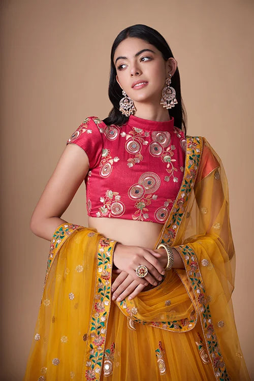 Yellow Floral Sequins Embroidered With Mirror Lehenga Choli Ensemble Secondary image
