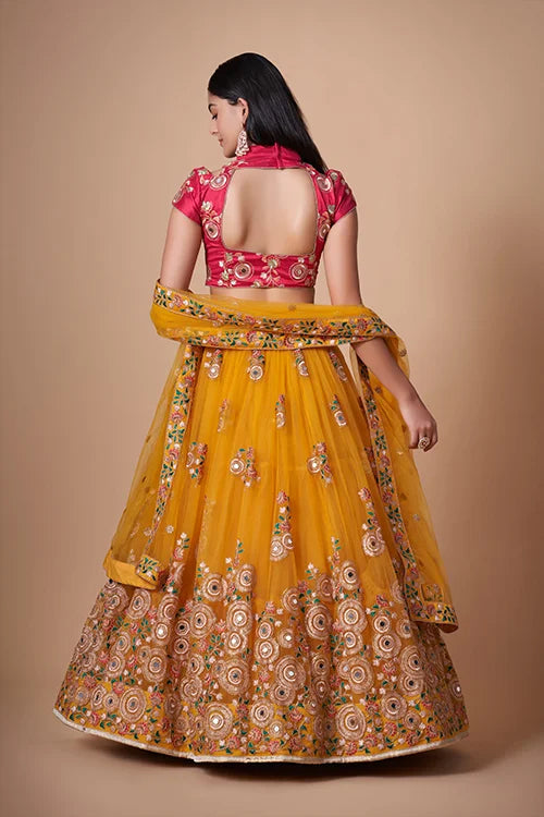 Yellow Floral Sequins Embroidered With Mirror Lehenga Choli Ensemble Clothsvilla