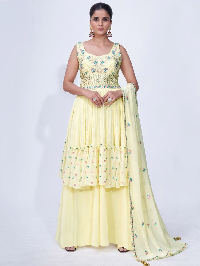 Yellow Mirror Work Multi Embroidery Chiffon Palazzo Suit Clothsvilla