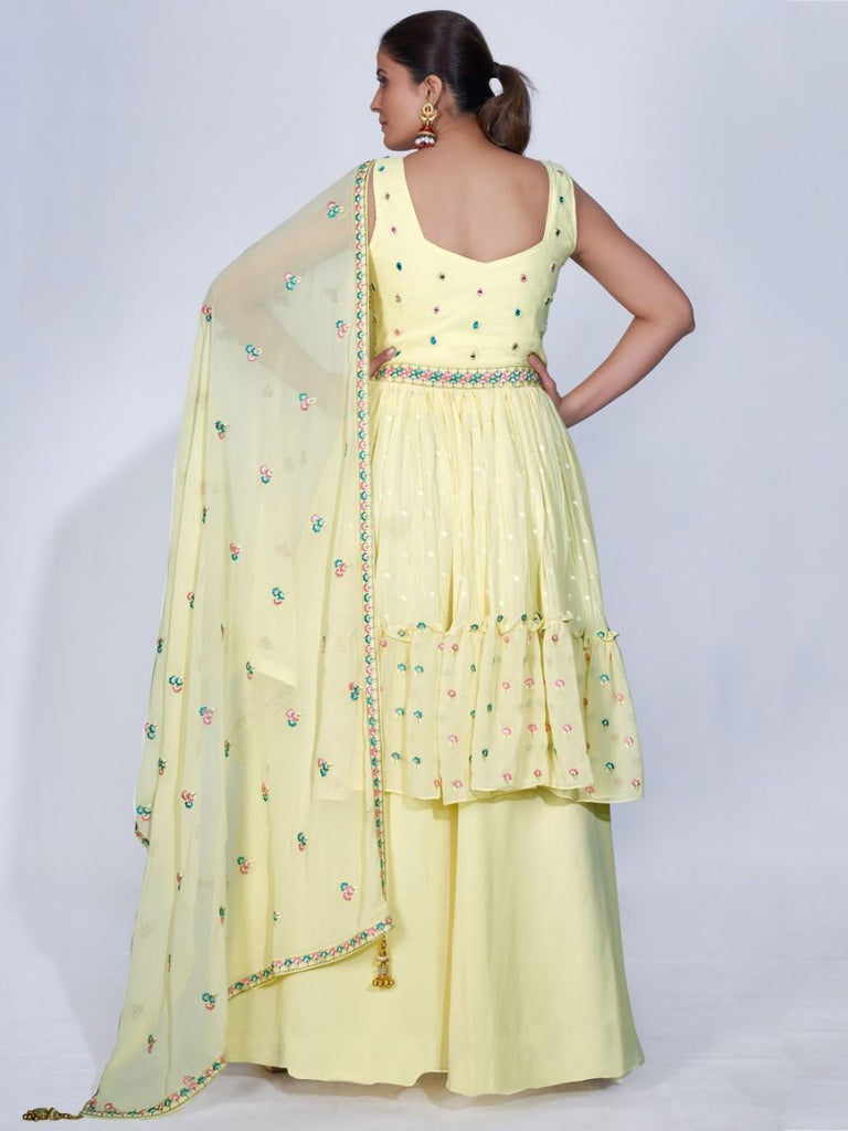 Yellow Mirror Work Multi Embroidery Chiffon Palazzo Suit Clothsvilla