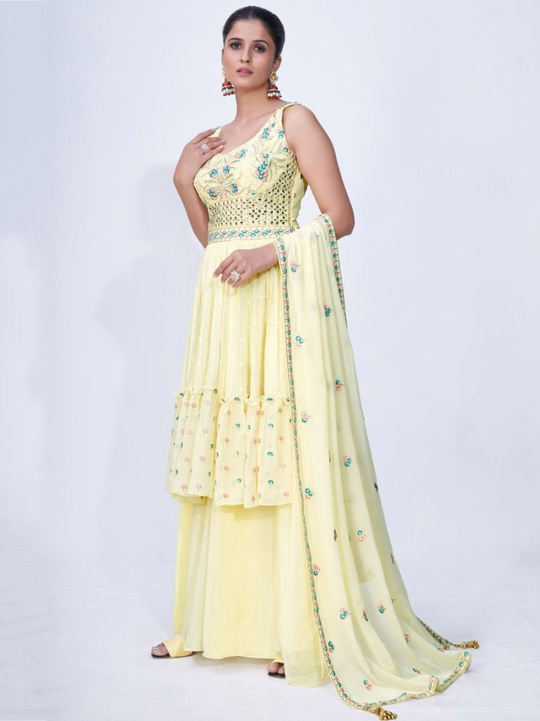 Yellow Mirror Work Multi Embroidery Chiffon Palazzo Suit Clothsvilla