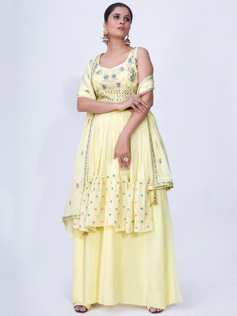 Yellow Mirror Work Multi Embroidery Chiffon Palazzo Suit Clothsvilla