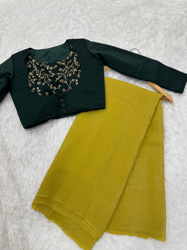 Yellow Sleeveless Charm, Jacketed Grace – Sparkle Silk Saree Set with Kasturi Silk Blouse & Koti ClothsVilla