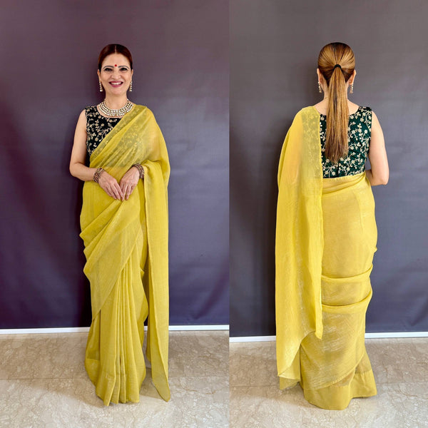 Yellow Sleeveless Charm, Jacketed Grace – Sparkle Silk Saree Set with Kasturi Silk Blouse & Koti ClothsVilla