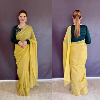 Yellow Sleeveless Charm, Jacketed Grace – Sparkle Silk Saree Set with Kasturi Silk Blouse & Koti ClothsVilla