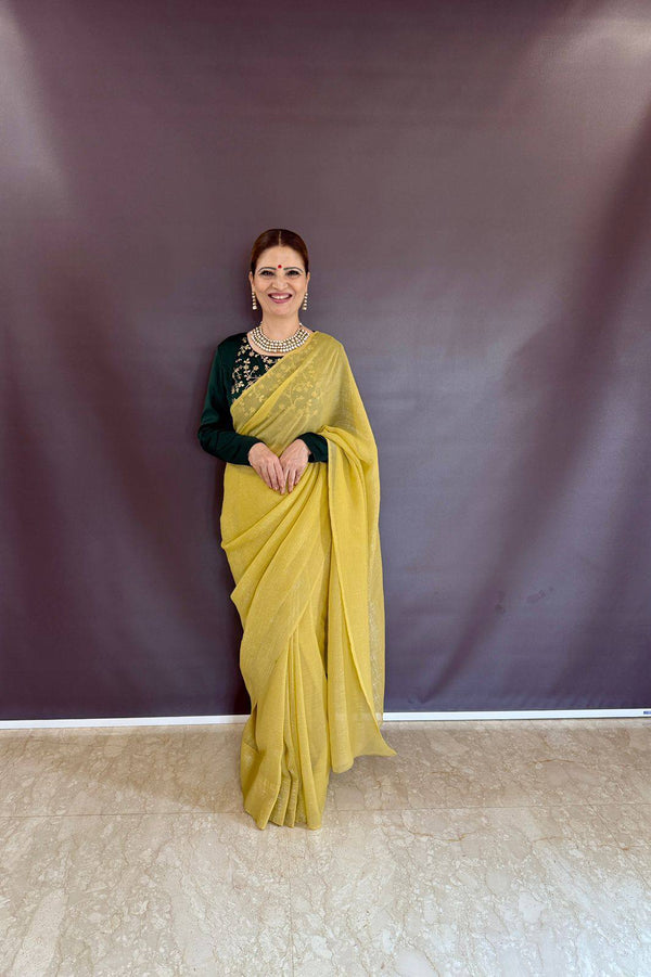 Yellow Sleeveless Charm, Jacketed Grace – Sparkle Silk Saree Set with Kasturi Silk Blouse & Koti ClothsVilla