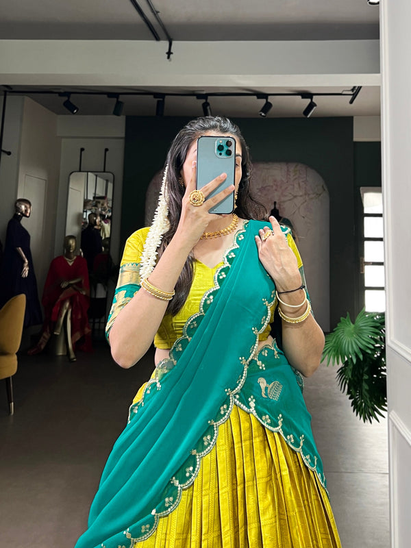 Yellow Traditional Poly Cotton Lehenga with Zari Weaving Work & Georgette Embroidered Dupatta – Stitched Lehenga with Unstitched Blouse ClothsVilla