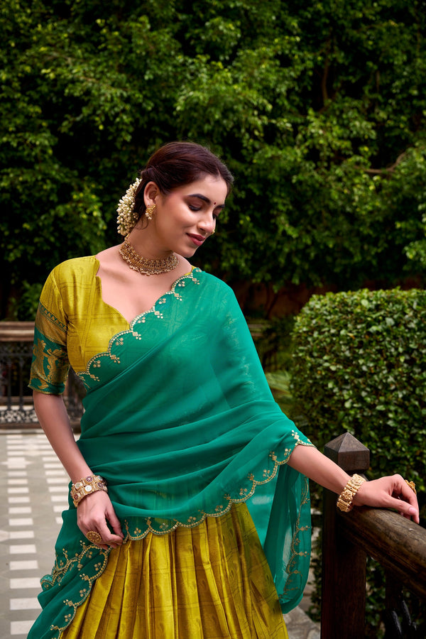 Yellow Traditional Poly Cotton Lehenga with Zari Weaving Work & Georgette Embroidered Dupatta – Stitched Lehenga with Unstitched Blouse ClothsVilla