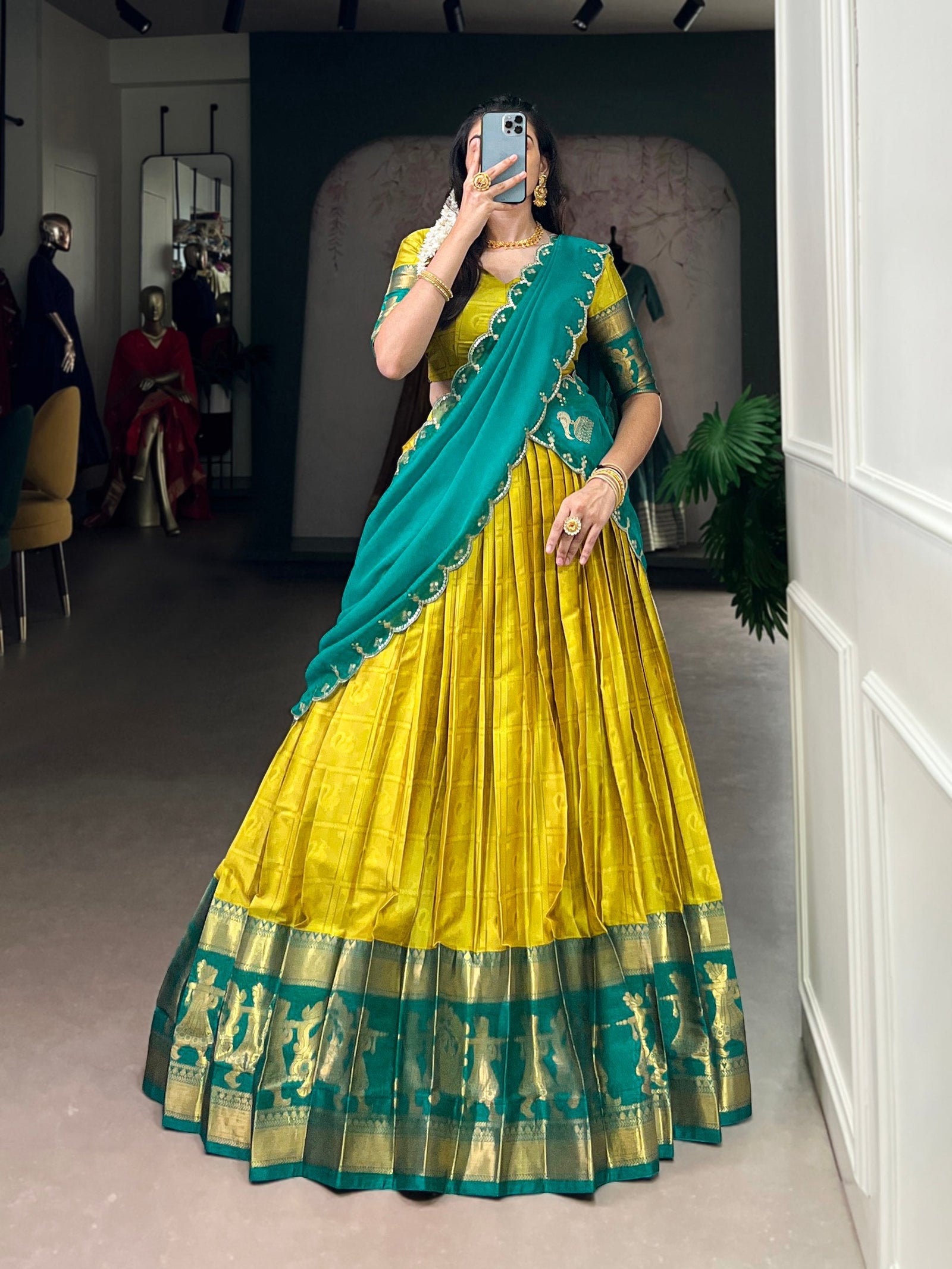 Yellow Traditional Poly Cotton Lehenga with Zari Weaving Work & Georgette Embroidered Dupatta – Stitched Lehenga with Unstitched Blouse ClothsVilla