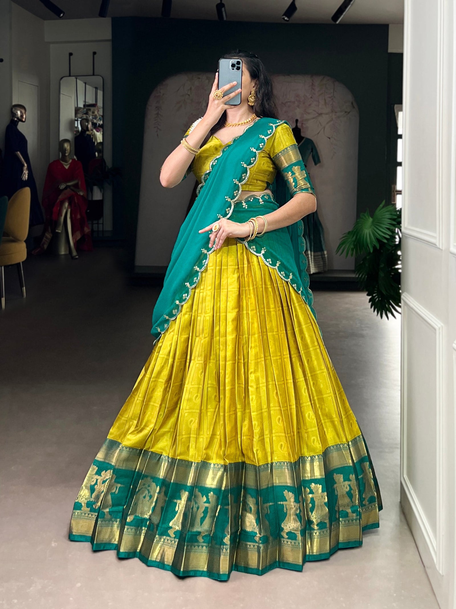 Yellow Traditional Poly Cotton Lehenga with Zari Weaving Work & Georgette Embroidered Dupatta – Stitched Lehenga with Unstitched Blouse ClothsVilla
