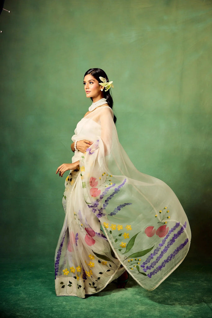 Ivory Pure Organza Hand-Painted Saree with Multicolor Floral Motifs & Sequin Accents | Modal Satin Blouse FANCY SAREES