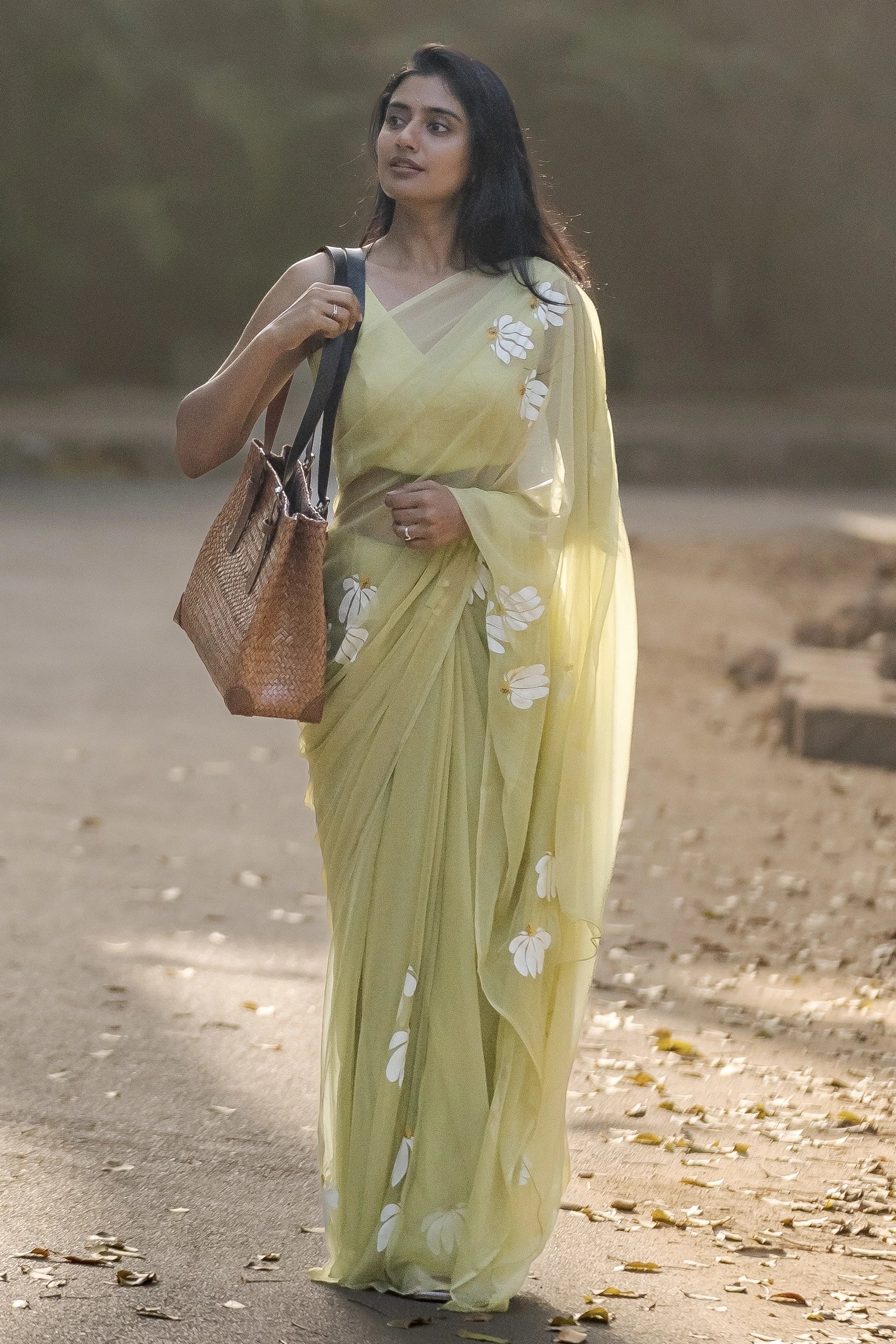Lemon Yellow Hand-Painted Pure Georgette Saree with White Floral Motifs & Sequin Detailing | Modal Satin Blouse FANCY SAREES