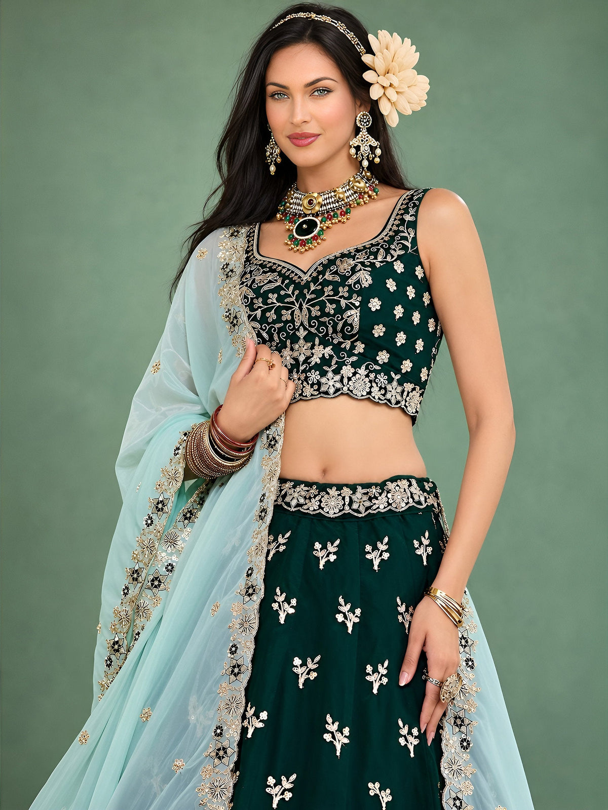 Green Rangoli Silk Embroidered Lehenga Choli With Dupatta ClothsVilla