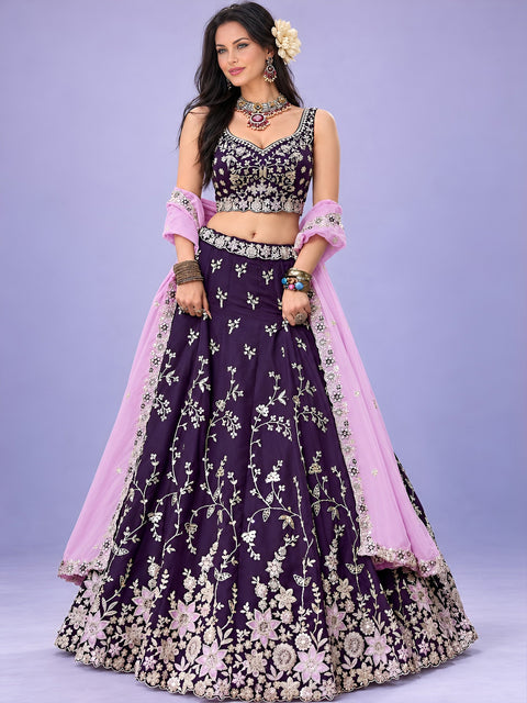 Purple Rangoli Silk Embroidered Lehenga Choli With Dupatta ClothsVilla Main image