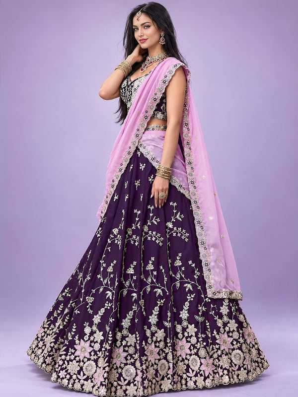 Purple Rangoli Silk Embroidered Lehenga Choli With Dupatta ClothsVilla