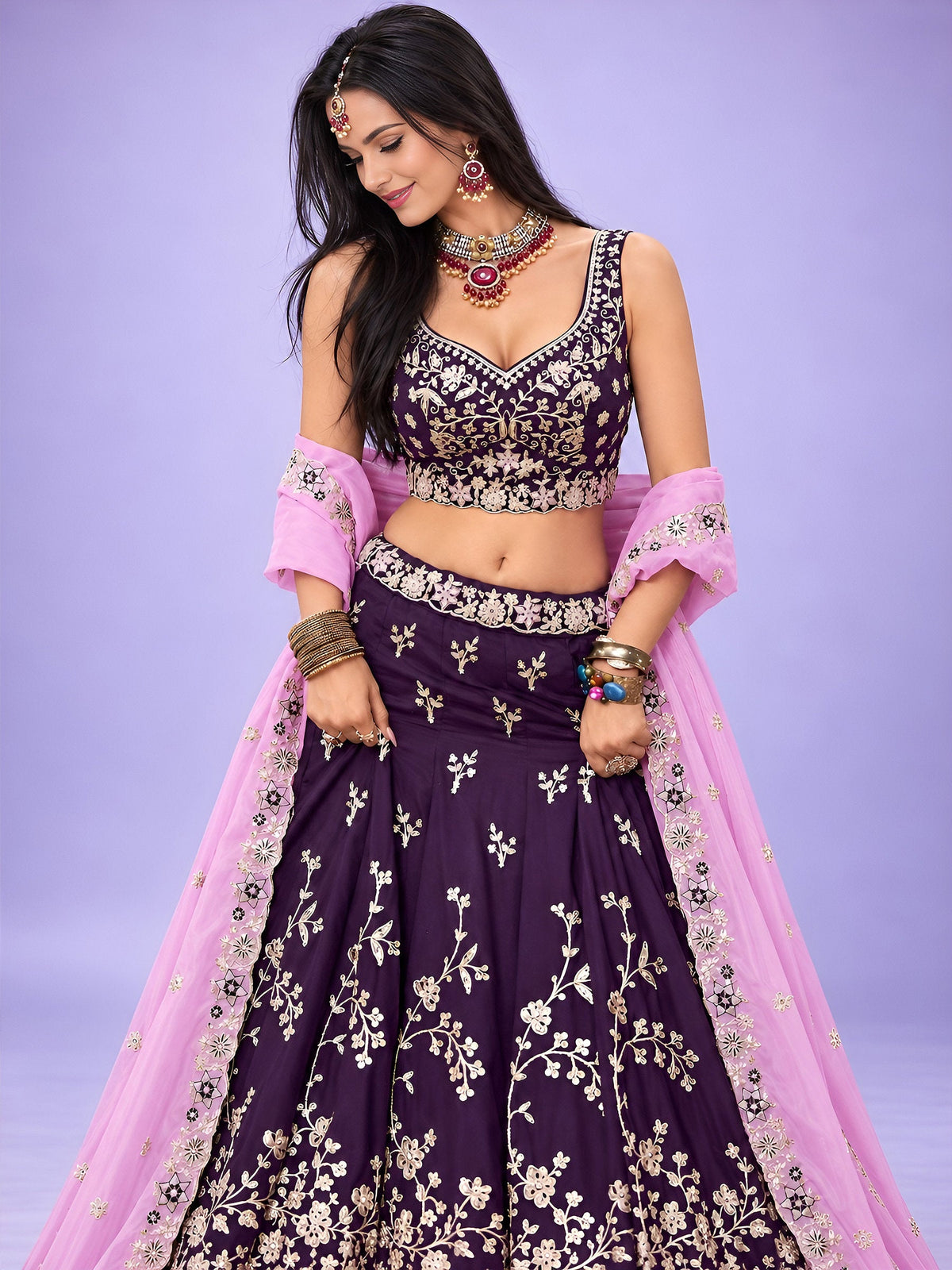 Purple Rangoli Silk Embroidered Lehenga Choli With Dupatta ClothsVilla