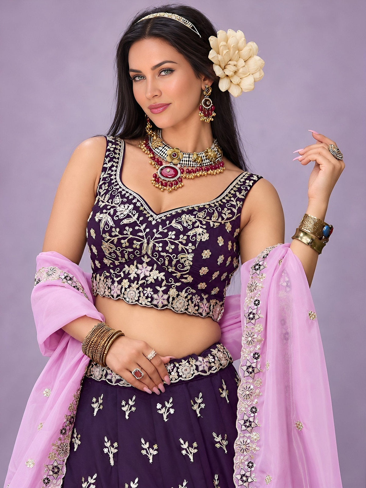 Purple Rangoli Silk Embroidered Lehenga Choli With Dupatta ClothsVilla