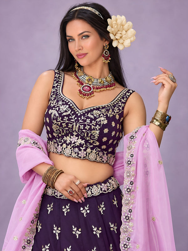 Purple Rangoli Silk Embroidered Lehenga Choli With Dupatta ClothsVilla