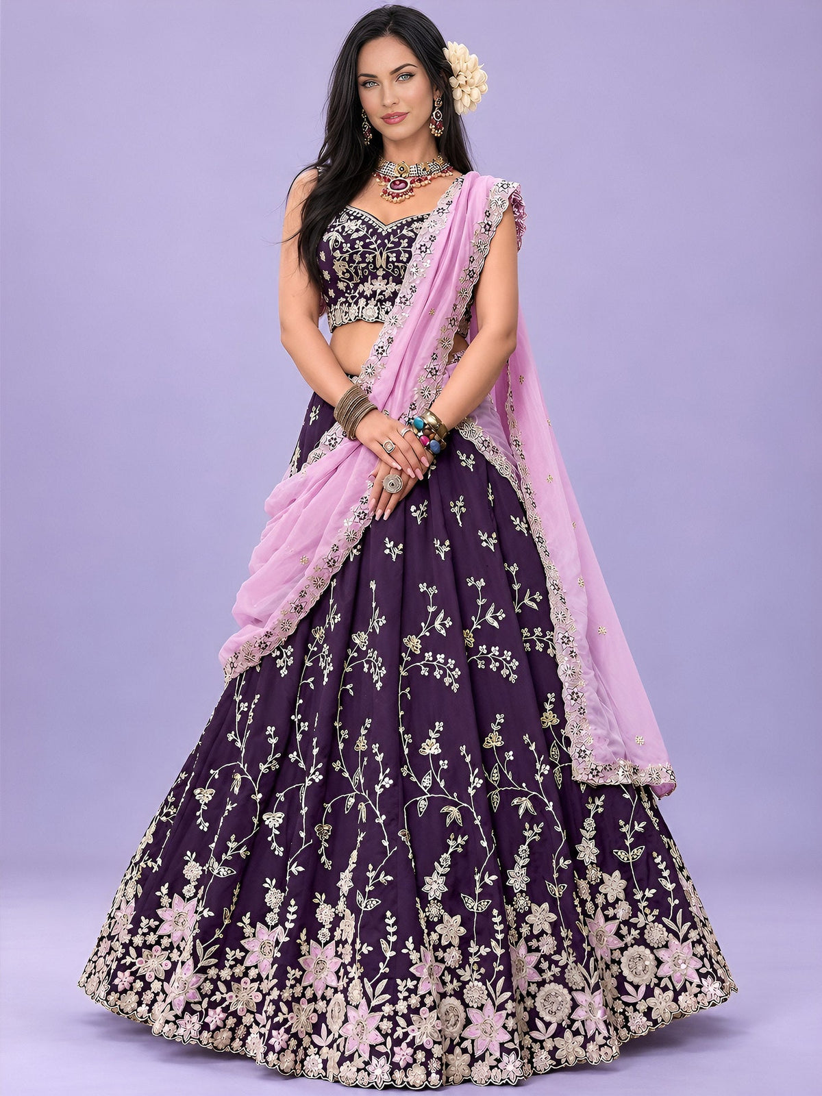 Purple Rangoli Silk Embroidered Lehenga Choli With Dupatta ClothsVilla