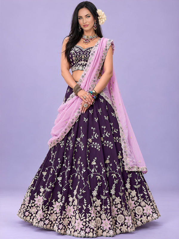 Purple Rangoli Silk Embroidered Lehenga Choli With Dupatta ClothsVilla