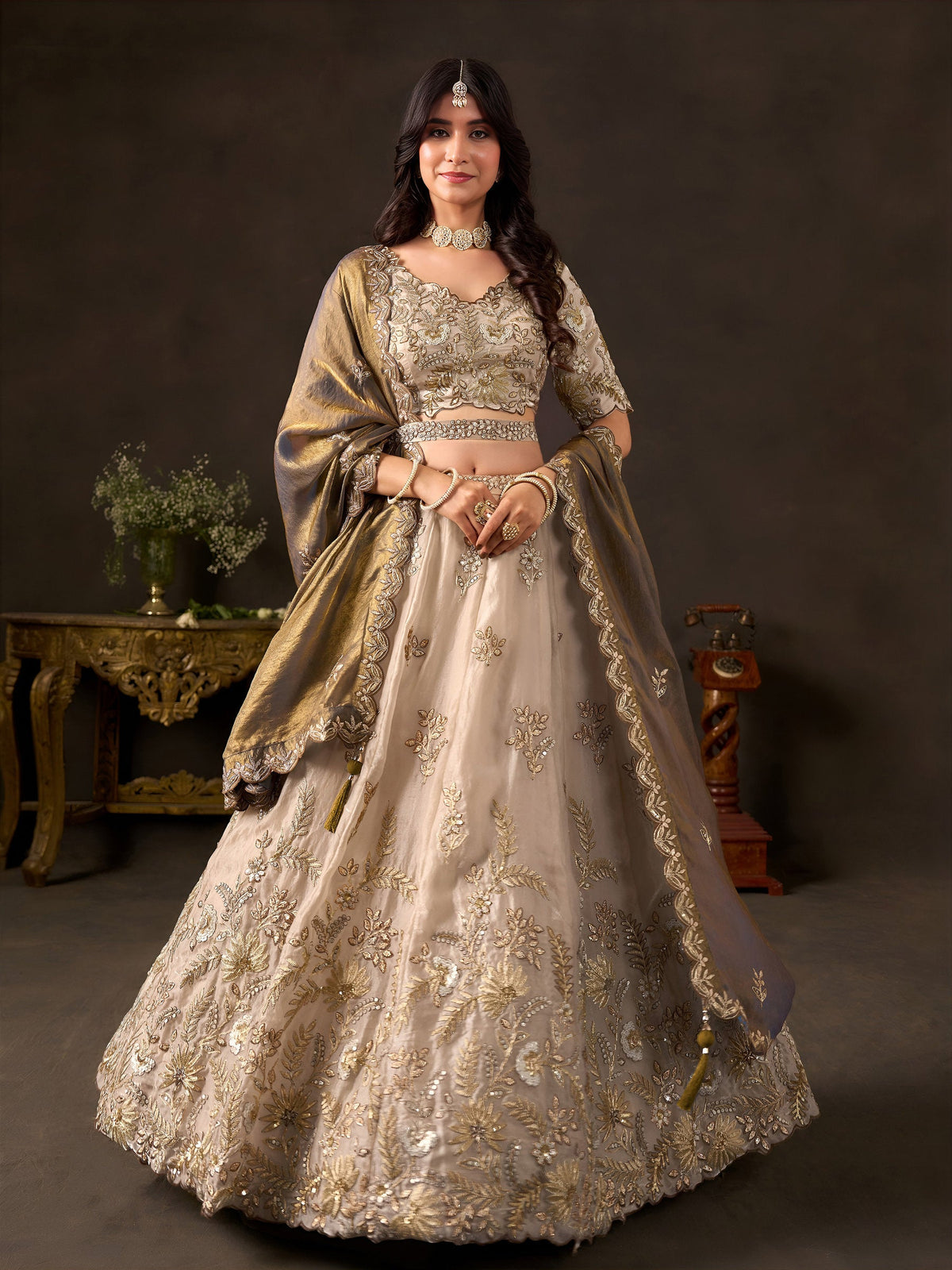 Bronze Gold Fendy Fabric Embroidered Lehenga Choli With Dupatta ClothsVilla