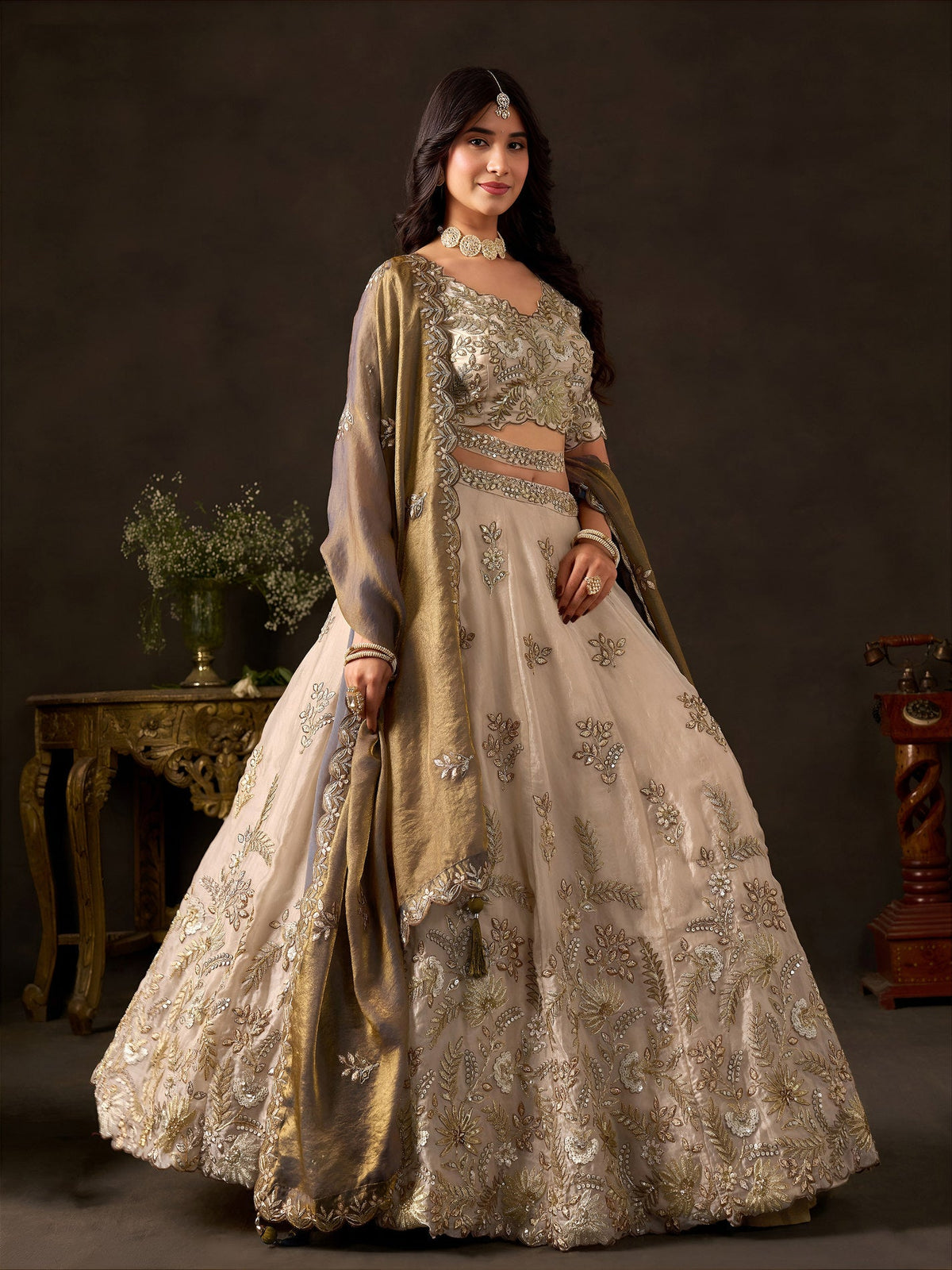 Bronze Gold Fendy Fabric Embroidered Lehenga Choli With Dupatta ClothsVilla