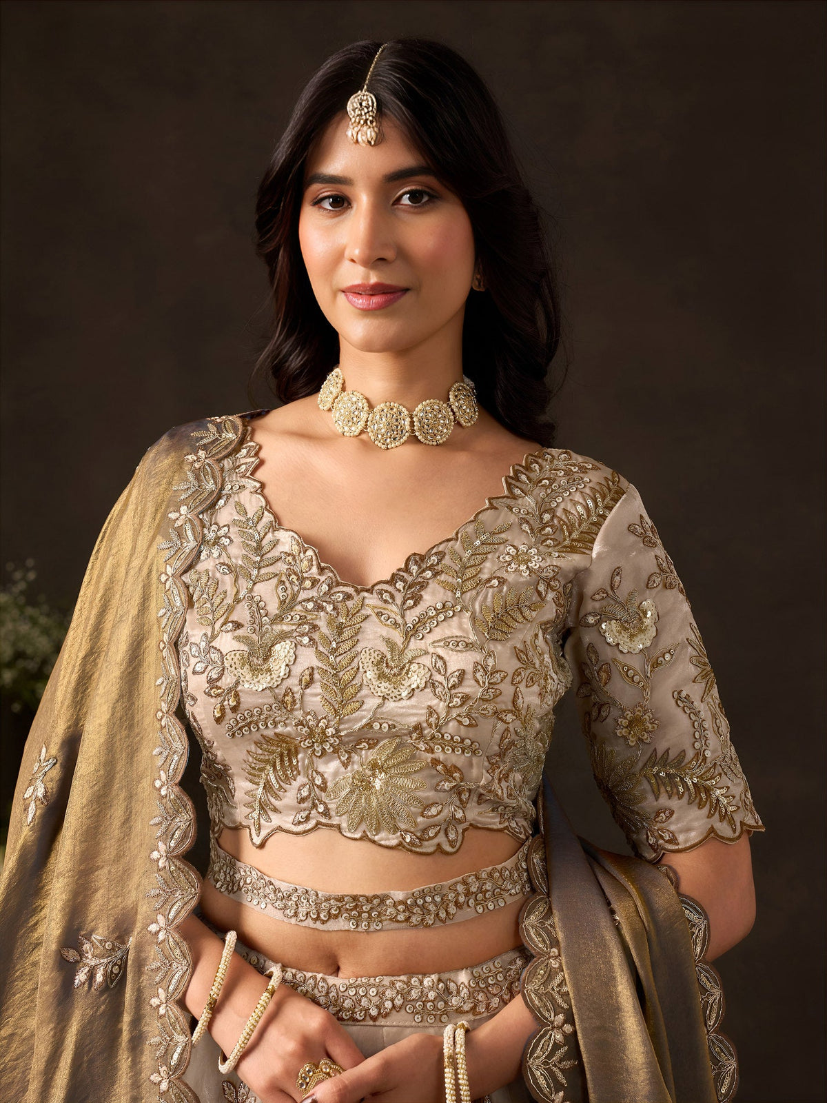 Bronze Gold Fendy Fabric Embroidered Lehenga Choli With Dupatta ClothsVilla