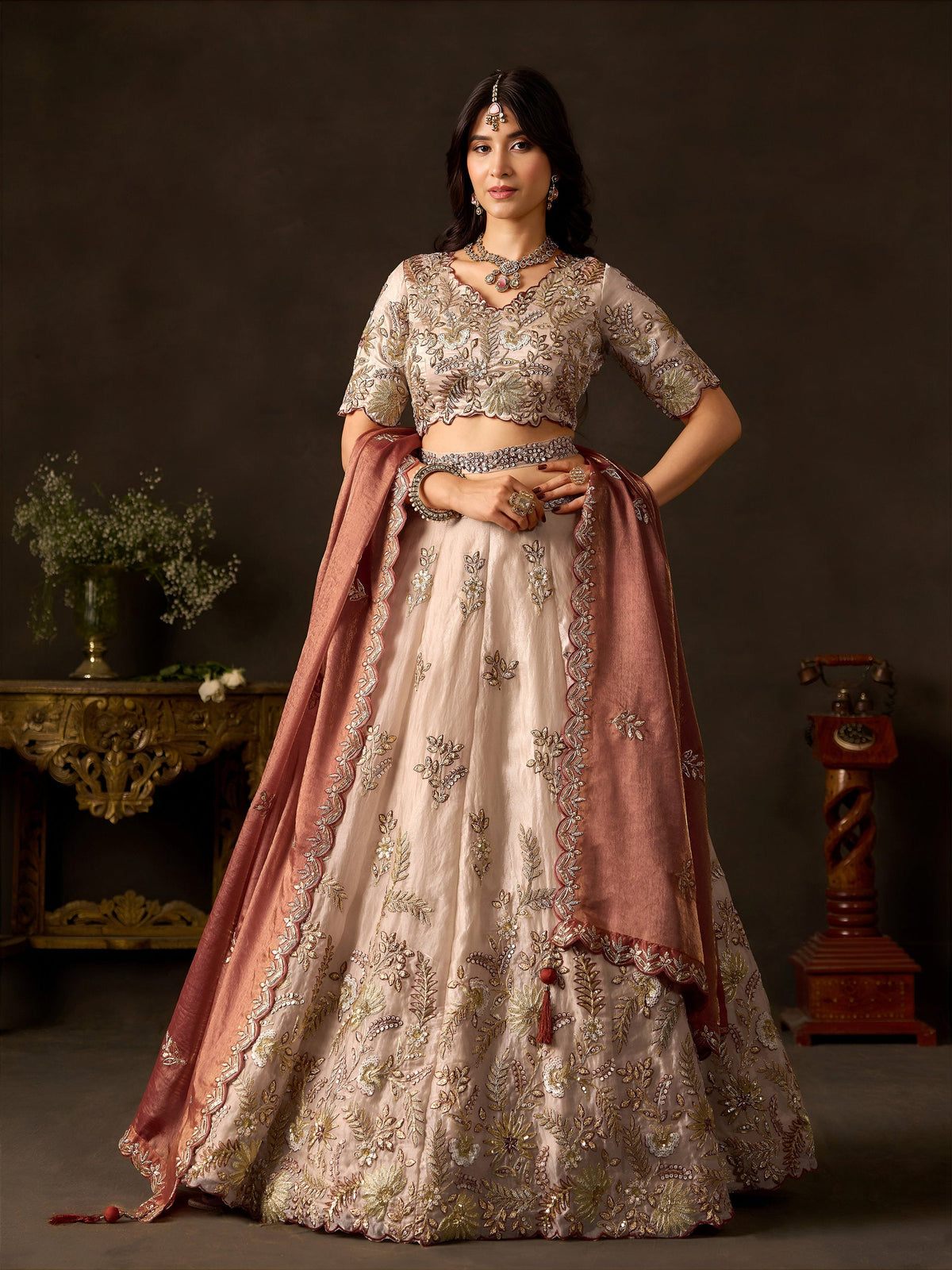 Copper Gold Fendy Fabric Embroidered Lehenga Choli With Dupatta ClothsVilla