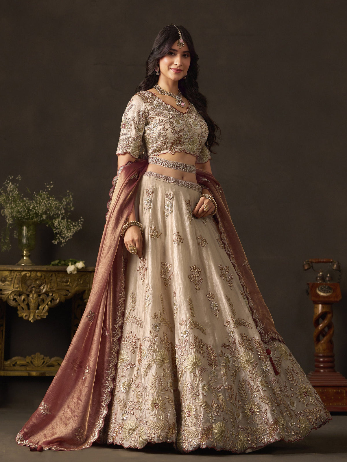 Copper Gold Fendy Fabric Embroidered Lehenga Choli With Dupatta ClothsVilla
